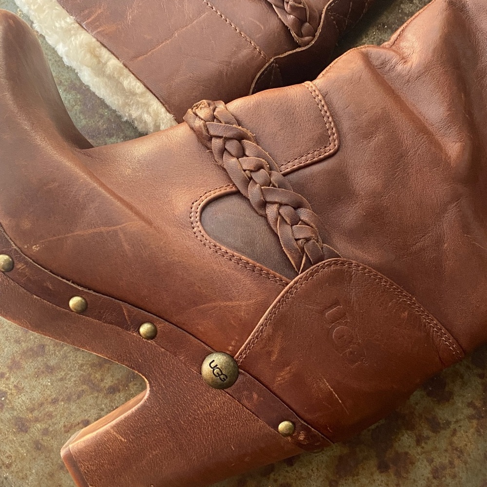 UGG Australia Savanna Knee-High Fur-Lined Tan Leather Boots w/ Braided Detail 8